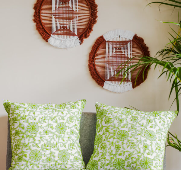 Handmade Chikankari Cushion Cover, Green White Set of