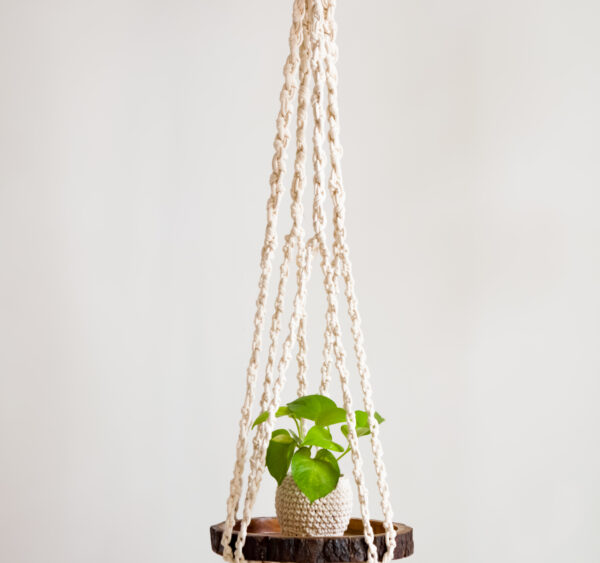 Macrame Boho Hanging Planter with Wooden Tray, Off- White- Set of 1   DecorDill
