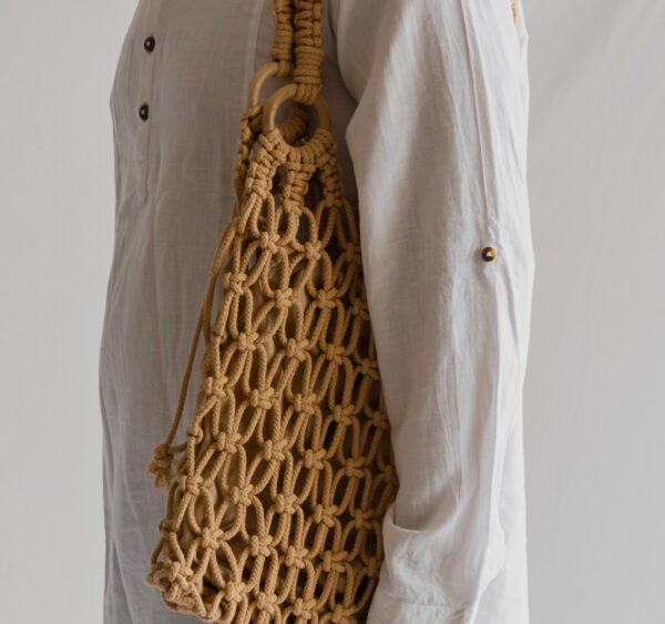 Hand Knotted Net Tote Bag with Detachable Pouch Beige